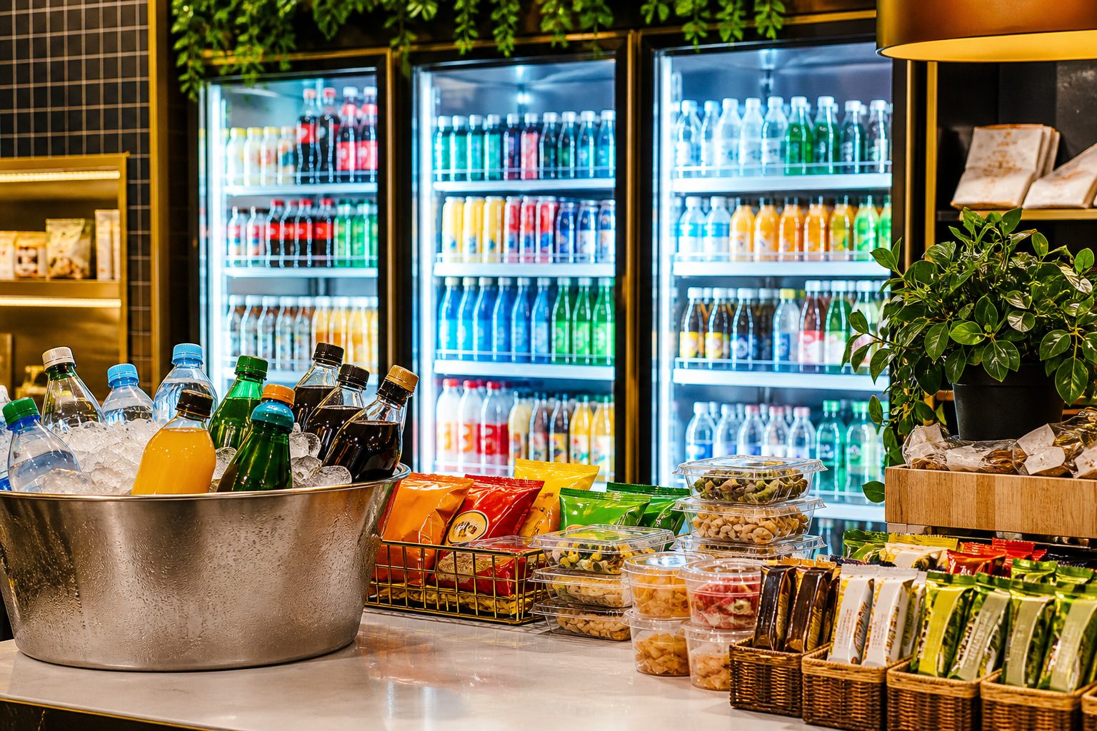 Bebidas geladas e produtos de conveniência em balcão moderno