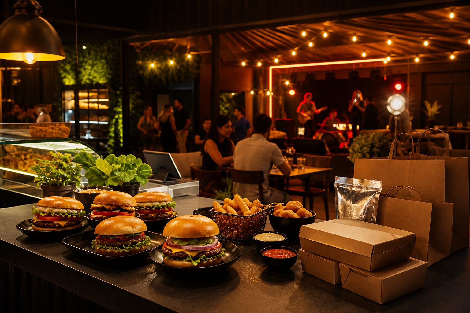 Lanches, embalagens de delivery e ambiente de eventos da J&A Conveniência